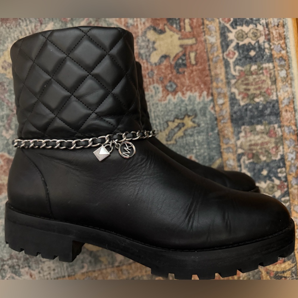Michael Kors Black Quilted Cuff Ankle Boots with Chain Charm